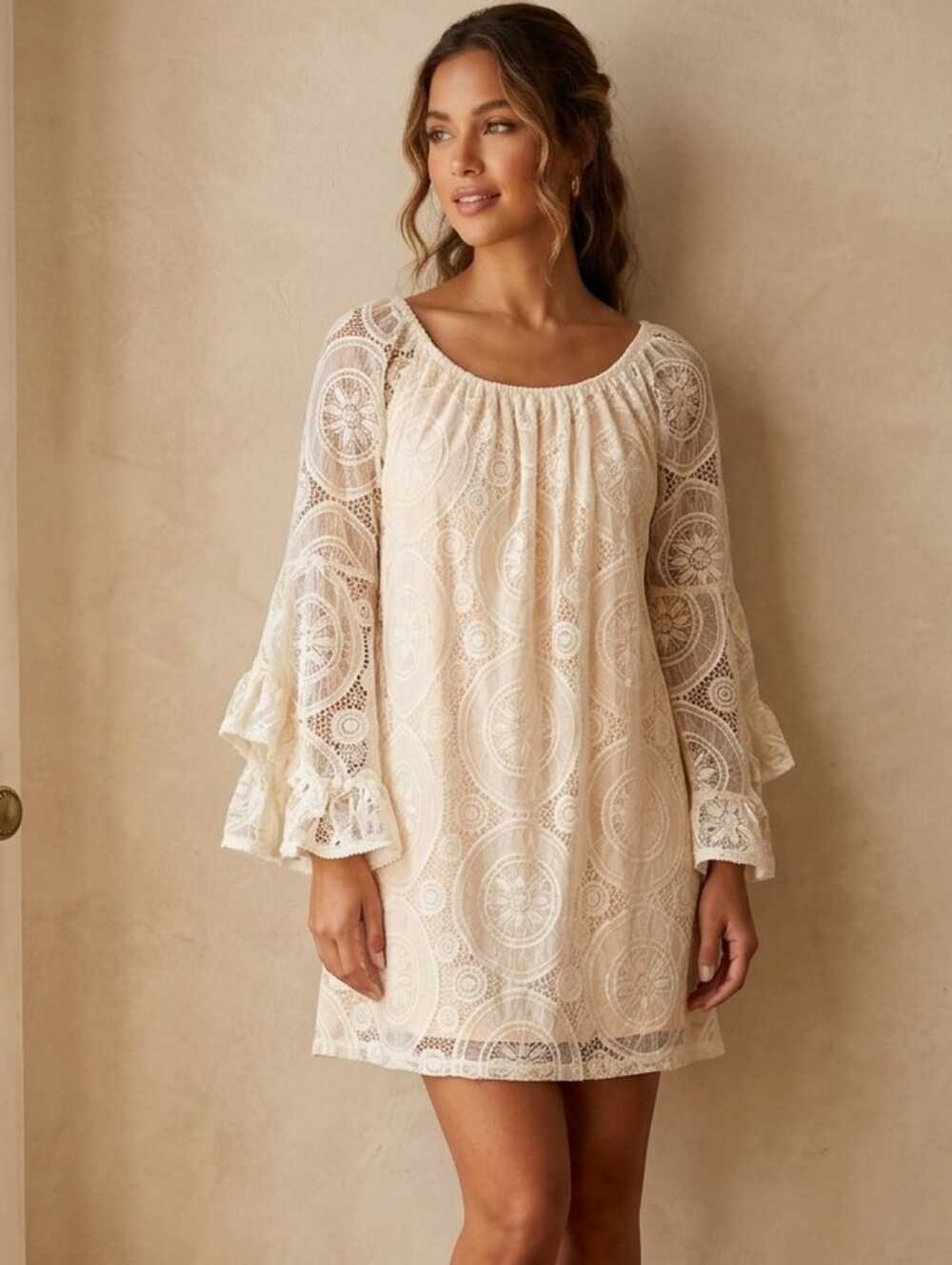 WinWin Cream Full Lace Bell Sleeve Tunic Mini Dress S/M Boho Coquette